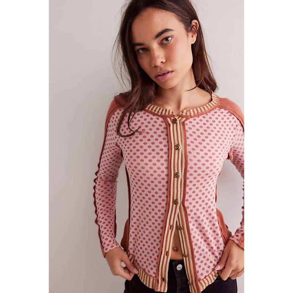 Free People Cardigan Women M Pink Polka Dot Long Sleeve Button Front Ribbed Trim